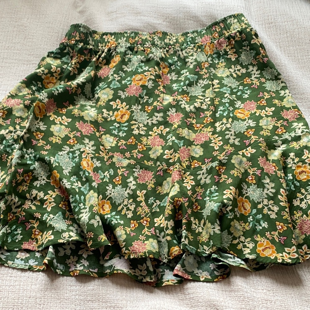 LOFT Green Floral Skirt with Yellow and Pink Accents